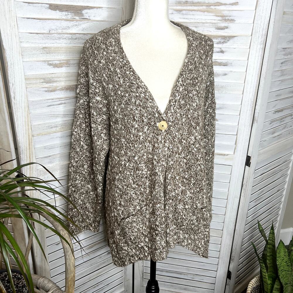 PURE JILL Women's Chunky Braided Knit Cardigan Sweater Single Button Brown Large - Picture 3 of 15
